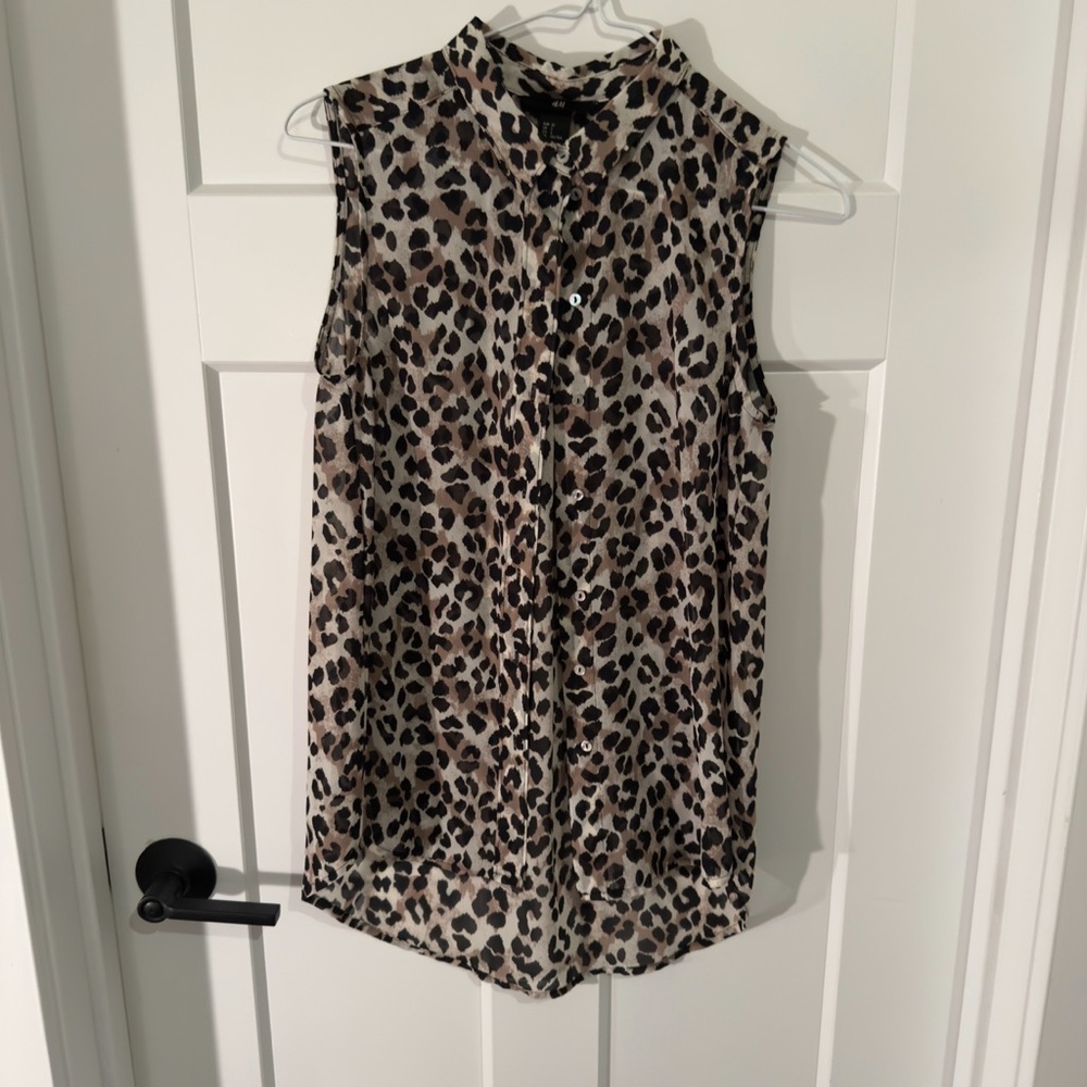 H&M Leopard Print Button Up Blouse in Black and Brown - Sheer